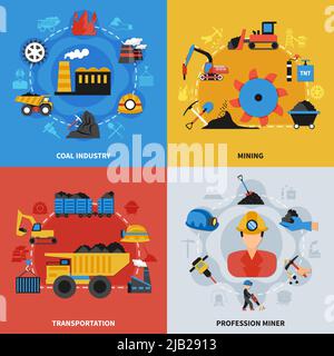 Jeu plat coloré de 2x2 icônes avec illustration vectorielle isolée des mineurs de l'industrie minière du charbon et des éléments de transport Illustration de Vecteur