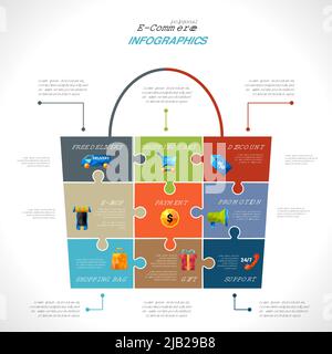 Ensemble d'infographies de commerce électronique avec symboles de commerce en ligne dans l'illustration vectorielle de la forme d'un sac à provisions Illustration de Vecteur