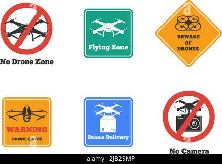 Ensemble de signes de drone interdits et d'avertissement de formes diverses et de couleurs isolées illustration de vecteur Illustration de Vecteur