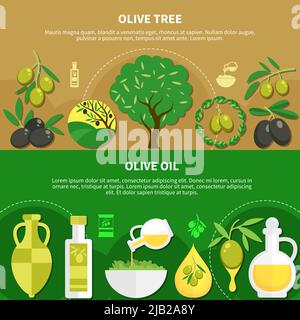 Jeu de bannières horizontales avec huile d'olive dans divers emballages, arbre vert avec fruits illustration vectorielle isolée Illustration de Vecteur