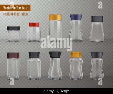 Instantané café vide réaliste formes diverses pots en verre et en plastique collection d'emballage sur fond transparent illustration vectorielle Illustration de Vecteur