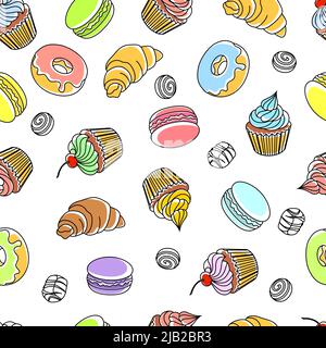 Gâteaux motif sans couture avec beignets, petits gâteaux et croissants, illustration vectorielle Illustration de Vecteur