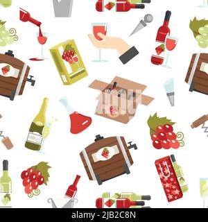 Vin en bouteilles fûts et verres avec accessoires couleur sans couture motif illustration vectorielle Illustration de Vecteur