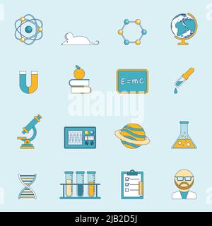 Recherche scientifique bourse et étude symboles et dispositifs couleur ligne plate icône ensemble isolé illustration vectorielle Illustration de Vecteur