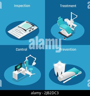 Jeu d'icônes isométriques de dentisterie en stomatologie colorée avec contrôle du traitement d'inspection et descriptions de prévention illustration vectorielle Illustration de Vecteur
