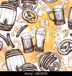 Motif sans couture pour la bière avec verres à boire en forme de fût et illustration vectorielle pour saucisses Illustration de Vecteur