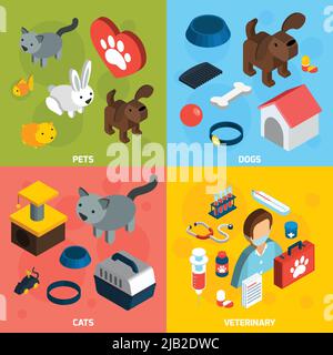 Animaux de compagnie vétérinaire concept ensemble avec chiens et chats isométriques icônes illustration vectorielle isolée Illustration de Vecteur