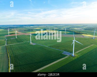 Haut vue aérienne panorama d'une ferme, de champs agricoles et de moulins à vent. Ferme de blé vert vue de l'air. Banque D'Images