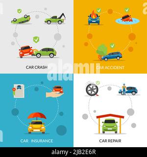 Ensemble de conception de l'assurance automobile avec crash et réparation des icônes plates illustration vectorielle isolée Illustration de Vecteur