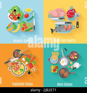 Accueil cuisine plats principaux et salades de légumes 4 icônes plates carré composition bannière abstraite illustration vectorielle isolée Illustration de Vecteur