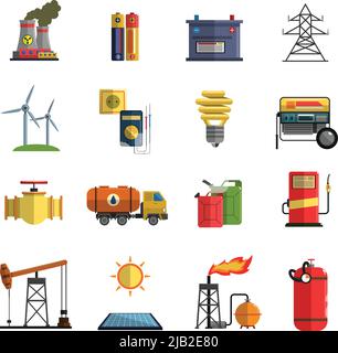 Systèmes de production et de stockage d'énergie avec des batteries durables haute puissance icônes plates ensemble abstrait vecteur isolé illustration Illustration de Vecteur