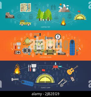 Bannière horizontale touristique avec éléments de camp touristique illustration vectorielle isolée Illustration de Vecteur