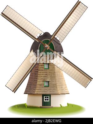 Ancien moulin à vent traditionnel bâtiment objet unique couleur peint concept illustration vectorielle isolée Illustration de Vecteur