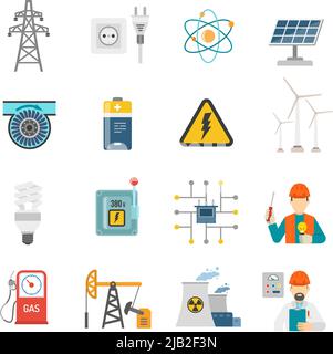 Vent solaire et nucléaire systèmes de production d'énergie icônes plates ensemble avec le signe de rayonnement abstrait vecteur illustration isolée Illustration de Vecteur