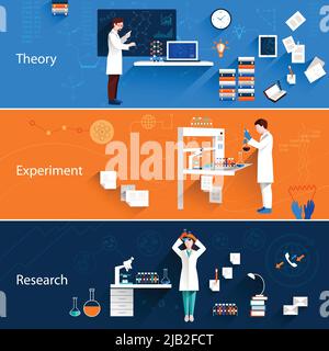 Science bannières horizontales ensemble avec théorie expérience recherche illustration vectorielle isolée Illustration de Vecteur