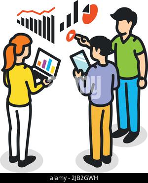 Équipe discutant des statistiques de données. Icône analyse métier isométrique Illustration de Vecteur