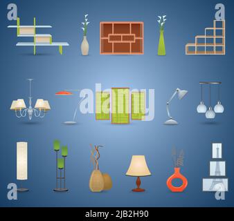 Ensemble d'éléments intérieurs avec lampes de bibliothèque et illustration vectorielle isolée de vases Illustration de Vecteur