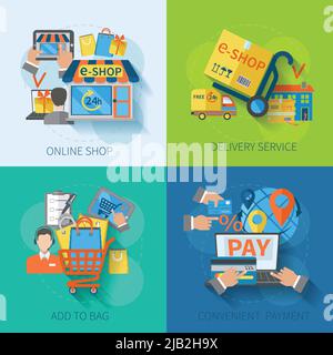 Shopping e-commerce concept design set avec service de livraison en ligne paiement pratique plat icônes illustration vectorielle isolée Illustration de Vecteur