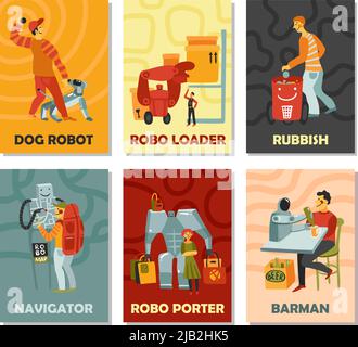 Robots avec tâches chien, poubelle, navigateur, barman, porteur, cartes verticales sur fond couleur illustration vectorielle isolée Illustration de Vecteur