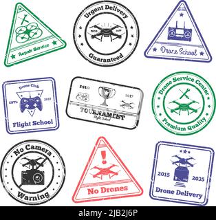 Timbres-poste de drone ensemble de timbres-poste colorés avec des images de véhicule de vol sans pilote et des illustrations vectorielles de texte Illustration de Vecteur