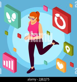 Appareils de sport portables isométriques arrière-plan avec personnage humain féminin faire des exercices avec application mobile de fitness pictogrammes vecteur illus Illustration de Vecteur