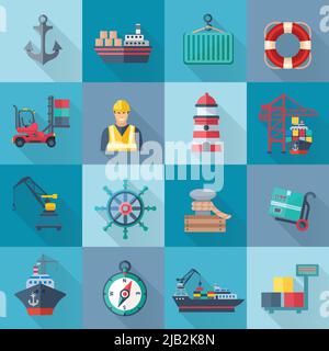 Icônes plates de port de mer ensemble avec conteneur d'ancrage navire ceinture de vie illustration vectorielle isolée Illustration de Vecteur