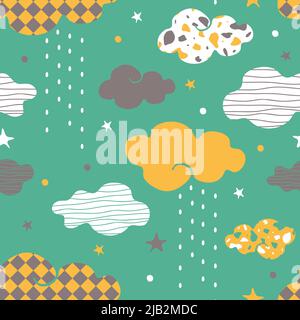 Motif vectoriel sans couture avec nuages pluvieux sur fond vert. Papier peint texturé simple pour les intempéries. Joli motif ciel en tissu décoratif. Illustration de Vecteur