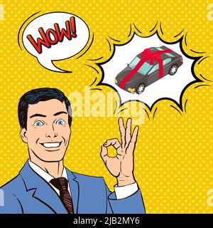 Nouvelle voiture comme cadeau, composition sur fond jaune texturé avec homme heureux, bulles, illustration vectorielle de style comique Illustration de Vecteur