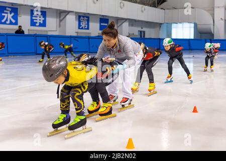 (220602) -- QITAIHE, 2 juin 2022 (Xinhua) -- Zhao Xiaobing, entraîneur de l'école de sport amateur de patinage de vitesse sur piste courte de Qitaihe pour mineurs, guide les jeunes athlètes lors d'une séance d'entraînement au centre sportif de Qitaihe, dans la ville de Qitaihe, dans la province de Heilongjiang, au nord-est de la Chine, à 30 mai 2022. La ville de Qitaihe, dans la province de Heilongjiang, célèbre pour ses talents de patinage de vitesse sur piste courte, a formé 10 champions du monde dont Yang Yang, Wang Meng et Fan Kexin. Des générations de coachs de la ville se sont efforcés de découvrir et de former de jeunes talents pour le patinage de vitesse sur piste courte. (Xinhua/Xie Jianfei) Banque D'Images