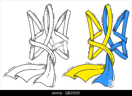 Illustration vectorielle, version décorative du symbole d'état de Ukraine trident. Ruban avec drapeau bleu et jaune Illustration de Vecteur