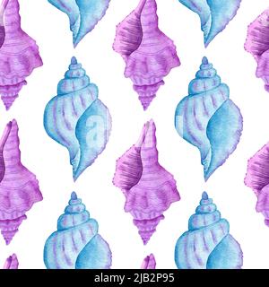 Aquarelle dessin à la main sans couture avec des animaux marins sous-marins coquillages poissons. Bleu-violet algues jellyfish, océan mer été vacances fond de plage, tissu turquoise imprimé Banque D'Images