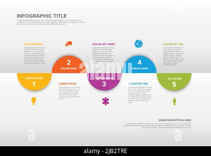 Schéma de diagramme de modèle de progression du processus vectoriel avec cinq icônes et descriptions d'étapes. Couleur demi-cercles sur fond blanc plié et minimaliste Illustration de Vecteur