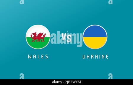 Pays de Galles contre Ukraine, emblème drapeau rond. Équipe nationale européenne de football sur fond bleu. Symboles du drapeau national gallois et ukrainien, illustration vectorielle Illustration de Vecteur