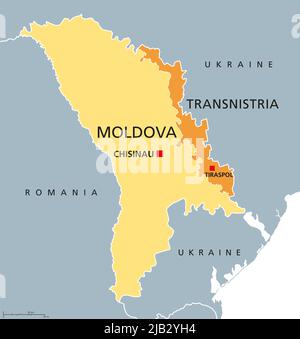 Moldavie et Transnistrie, carte politique. République de Moldova, avec la capitale Chisinau, et la République moldave de Pridnestrovian contestée, PMR. Banque D'Images