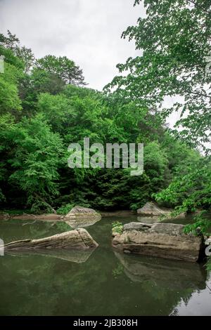 McConnells Mill est un parc national populaire dans l'ouest de Pennsylvanis. Ses points de repère dominants sont le moulin à grate et le pont couvert de rouge qui traverse Slipper Banque D'Images