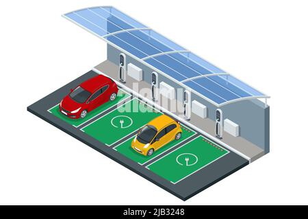 Chargeur de voiture isométrique. Station de charge Electromobile. Caron énergie solaire renouvelable éolienne dans le réseau. Illustration de Vecteur