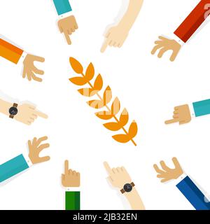 Symbole de bien-être de la récolte jaune grain de blé main de l'équipe de pointage se concentre sur le concept Illustration de Vecteur