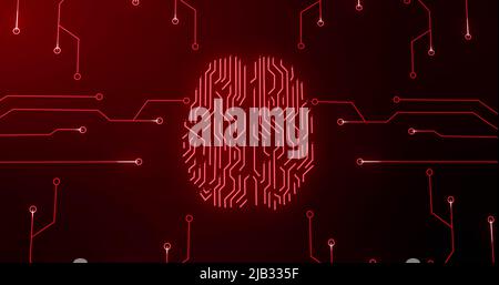 Image d'un cerveau humain brillant rouge avec circuit de carte mère d'ordinateur sur fond noir Banque D'Images
