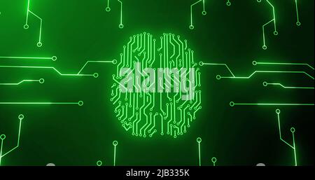 Image du cerveau humain brillant vert avec circuit de carte mère d'ordinateur sur fond noir Banque D'Images