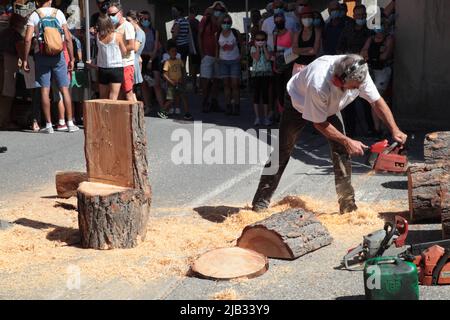 Sculpteur sur bois, Fête du village de Vars Sainte-Marie un 15 août, Hautes-Alpes Banque D'Images