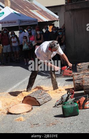 Sculpteur sur bois, Fête du village de Vars Sainte-Marie un 15 août, Hautes-Alpes Banque D'Images