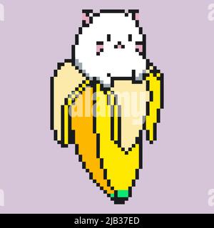 8 un joli chaton blanc sur une banane pelée. Pixel art. Banane créative avec chats drôles à l'intérieur. Icône d'animal domestique. Joli logo 8 bits. Rétro vintage Illustration de Vecteur