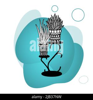 Fleurs en pot sur un support, décoration d'intérieur sur un fond coloré. Esquisse linéaire noir et blanc dessinée à la main. Grandes plantes d'intérieur à l'extérieur. Vecteur Illustration de Vecteur