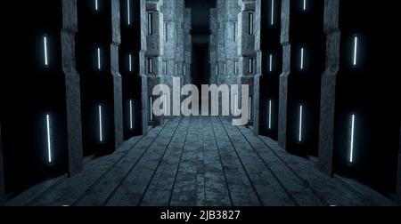 Couloir extraterrestre Hangar sous-sol couloir souterrain lumière Turquoise fond Alien concept Banque D'Images