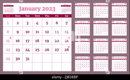 Calendrier 2023 modèle avec phases lunaires. La semaine commence le dimanche. Calendrier mural de style minimaliste. Planificateur mensuel du cycle. Grille horizontale. Agenda ou Illustration de Vecteur