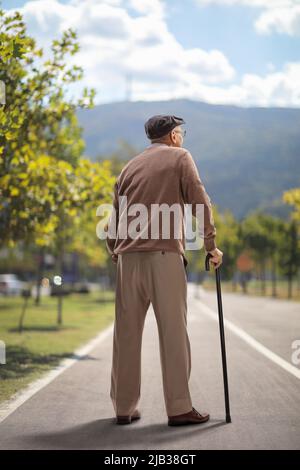 Vue arrière d'un homme âgé debout avec une canne sur une piste piétonne en asphalte Banque D'Images