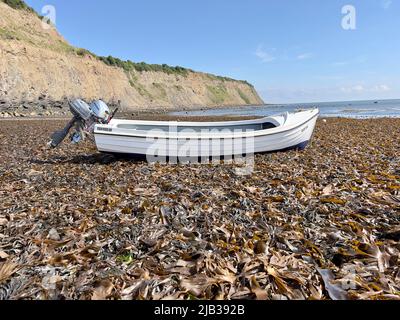 Bateau sur lit d'algues, Robin Hood's Bay, Whitby Banque D'Images