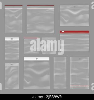 Collection de sacs de poche à fermeture à glissière réutilisables et refermables en plastique transparent sur fond gris, illustration vectorielle réaliste Illustration de Vecteur