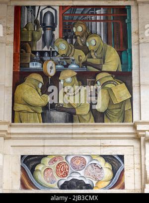 Détail, mur nord, usine de bombes, les peintures murales de Detroit Industry (1932–1933), fresques de Diego Rivera, représentant l'industrie à Detroit, États-Unis Banque D'Images