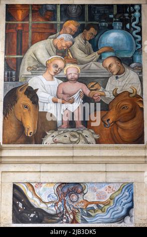 Scène de la nativité avec bébé recevant la vaccination, les peintures murales de l'industrie de Detroit (1932–1933), fresques de l'artiste mexicain Diego Rivera, USA Banque D'Images